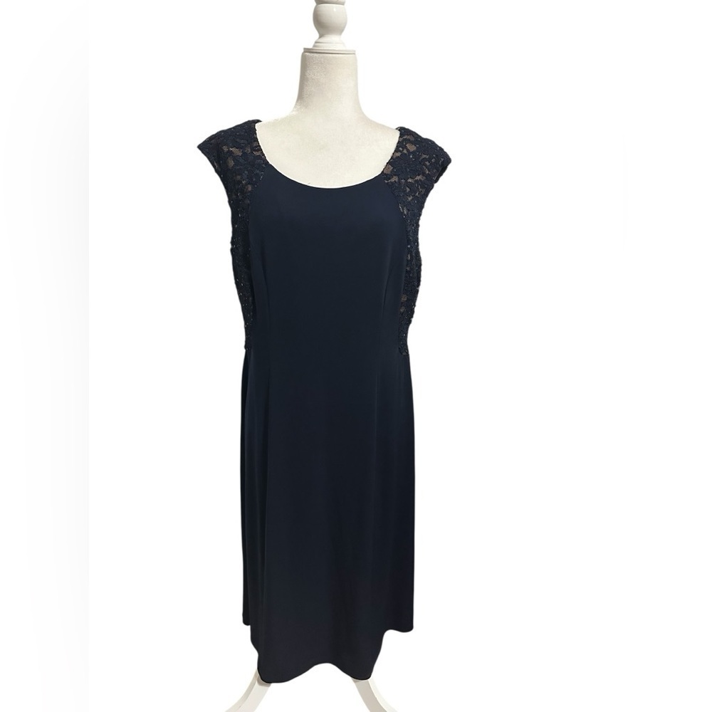 Connected Apparel Navy Blue Fit and Flare Lace Midi Dress Wedding Cocktail SZ 16